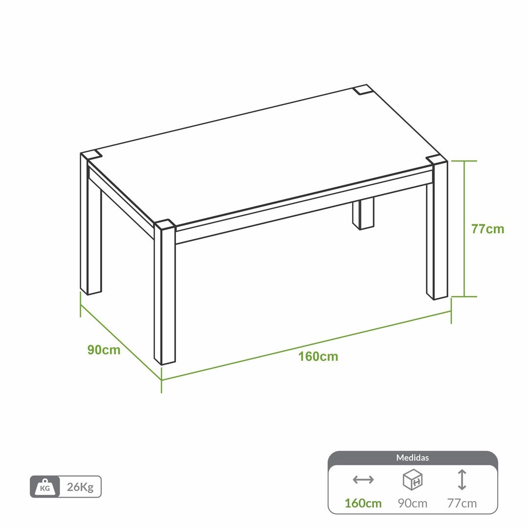 Mesa Macaúba 160 por 90 cm para referência de proporção