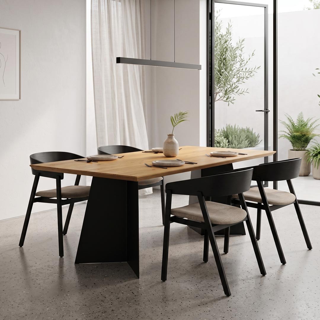 Mesa Linea 238cm com tampo de madeira e base de ferro preto