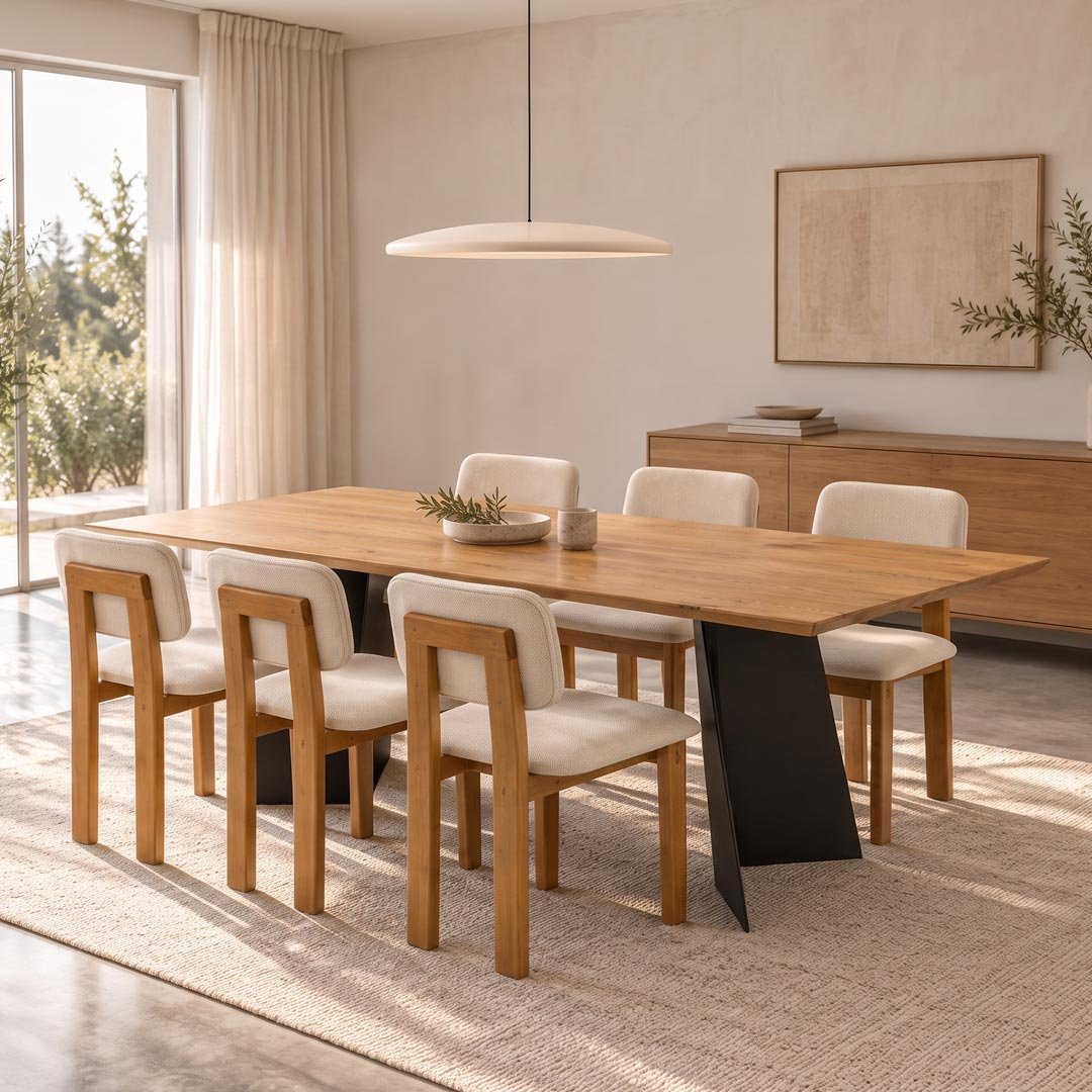 Mesa Linea 220cm com tampo de madeira e base de ferro preto
